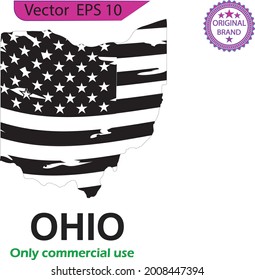 Set of Ohio US state map. Map of the United States of America. States of the USA. US map with state border. Distressed American flag with splash elements, flag of America, patriot, military.