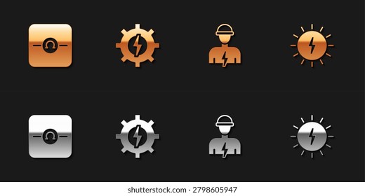 Set Ohmmeter, Gear and lightning, Electrician and Solar energy panel icon. Vector