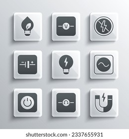 Set Ohmmeter, Magnet, AC voltage source, Creative lamp light idea, Power button, DC, Light bulb with leaf and No lightning icon. Vector