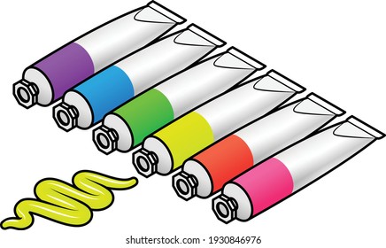 Ensemble de peinture acrylique à l'huile dans les tubes. Une gamme de couleurs lumineuses florescentes.
