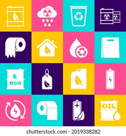 Set Oil barrel, Battery, Shopping bag, Recycle bin with recycle, Eco friendly house, Toilet paper roll, Bio fuel and clean aqua icon. Vector