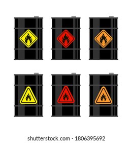 Set of oil barrel and fire sign on white background