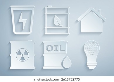 Set Oil barrel, House, Radioactive waste in, Light bulb with world globe, Bio fuel and Lightning trash can icon. Vector