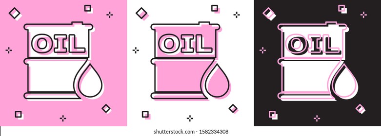 Set Oil barrel icon isolated on pink and white, black background. Oil drum container. For infographics, fuel, industry, power, ecology.  Vector Illustration