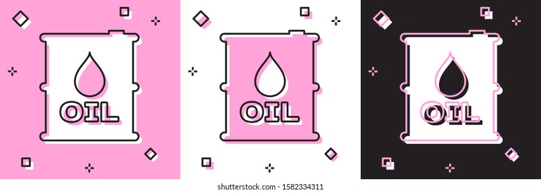 Set Oil barrel icon isolated on pink and white, black background. Oil drum container. For infographics, fuel, industry, power, ecology.  Vector Illustration