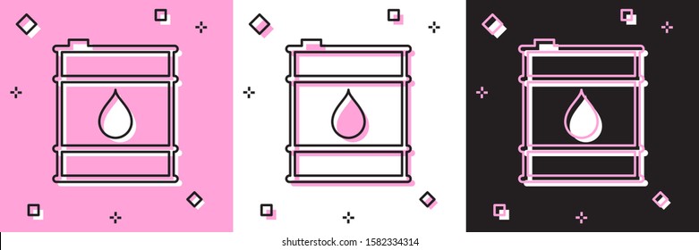 Set Oil barrel line icon isolated on pink and white, black background. Oil drum container. For infographics, fuel, industry, power, ecology.  Vector Illustration