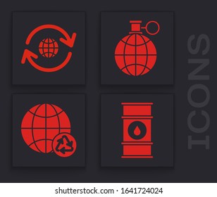 Set Oil barrel line, Planet earth and a recycling, Planet earth and a recycling and Planet earth and a recycling icon. Vector