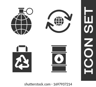 Set Oil barrel line, Planet earth and a recycling, Paper shopping bag with recycle and Planet earth and a recycling icon. Vector
