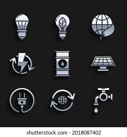 Set Oil barrel line, Planet earth and recycling, Water tap, Solar energy panel, Electric plug, Recharging, Earth globe leaf and LED light bulb icon. Vector