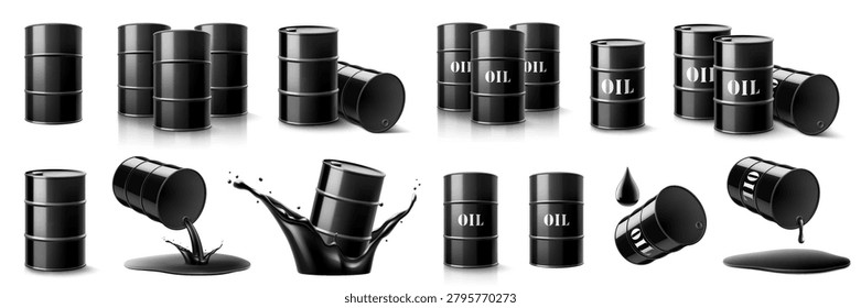 Set of oil barrels isolated on white background. Metal oil barrels in black oil splash. Black liquid oil flowing from steel black barrel. Petroleum Barrel. Realistic 3d vector icon illustration