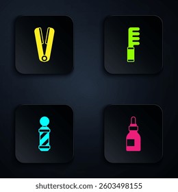 Set Oil bottle, Curling iron for hair, Classic Barber shop pole and Hairbrush. Black square button. Vector
