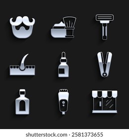 Set Oil bottle, Electric razor blade, Barbershop building, Curling iron for hair, Bottle of shampoo, Human follicle, Shaving and Mustache and beard icon. Vector