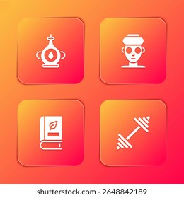Set Oil bottle, Facial cosmetic mask, Medical book and Dumbbell icon. Vector