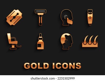 Set Oil bottle, Hair clipper, Human hair follicle, Baldness, Barbershop chair, Mustache and beard, Blade razor and Shaving icon. Vector