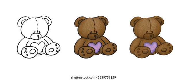 Set of oil color hand drawn teddy bear
