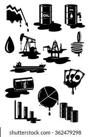 Set of oil crisis. Oil price fall, petroleum spill, oil rig, oil platform, tanker, money, barrels, graphics
