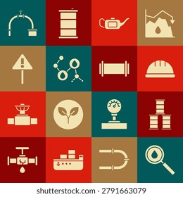 Set Oil drop, Barrel oil, Worker safety helmet, Canister for motor, Molecule, Exclamation mark in triangle, Industry pipe and valve and  icon. Vector