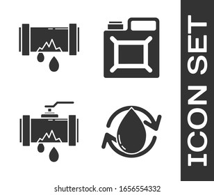 Colocar gota de aceite, Tubo de metal roto con agua de fugas, Tubo de metal roto con agua de filtración y el cartucho para el icono de la gasolina. Vector
