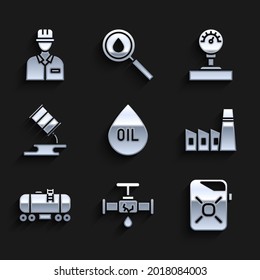 Set Oil drop, Broken pipe with leaking water, Canister for motor oil, industrial factory building, railway cistern, Barrel, Gauge scale and Oilman icon. Vector