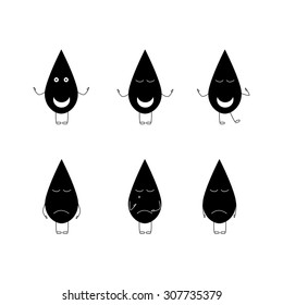 Set of oil drop characters. Three happy and three gloomy. Rising and falling of oil prices concepts