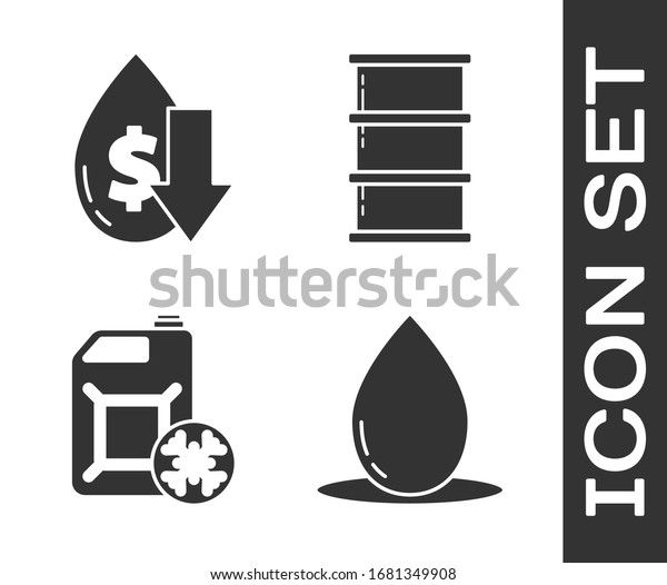 Set Oil drop, Drop in crude oil price,\
Antifreeze canister and Barrel oil icon.\
Vector