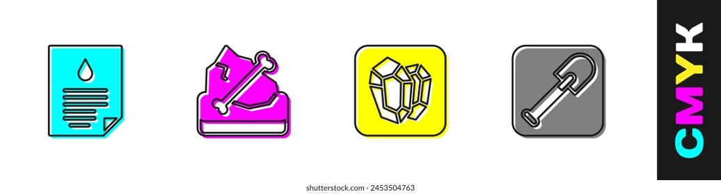 Conjunto Documento de gota de aceite, arqueología, piedra preciosa e icono de pala. Vector