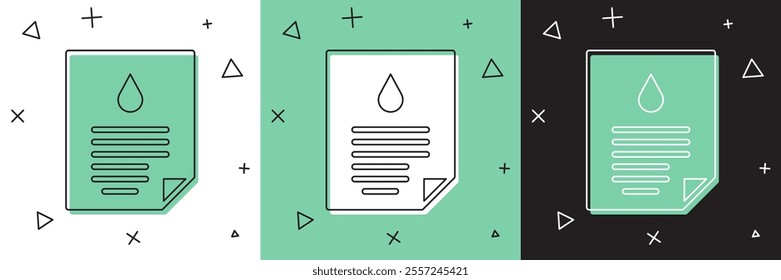 Set Oil drop document icon isolated on white and green, black background.  Vector
