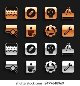 Set Oil drop document, Volcano, Wrench spanner, Gear wheels and earth, Soil analysis, Archeology, ground layers and Compass icon. Vector