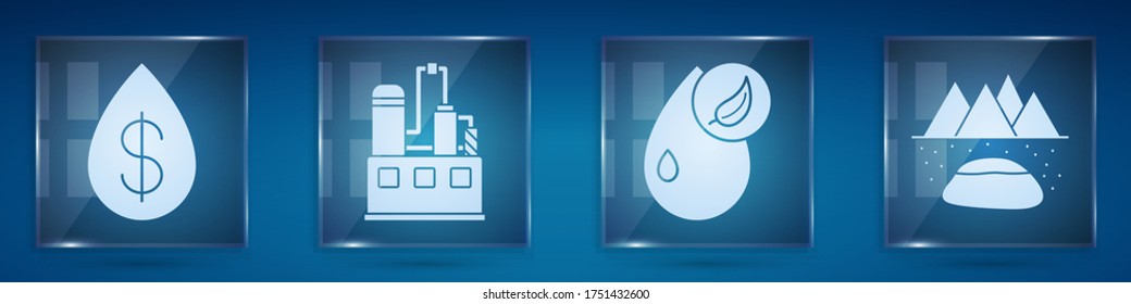 Set Oil drop with dollar, Oil industrial factory building, Bio fuel and Oilfield. Square glass panels. Vector