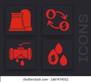 Ponga la gota de petróleo con el símbolo del dólar, la construcción de la fábrica de petróleo y gas, el intercambio de petróleo, la transferencia de agua, convertir y el tubo de metal roto con el icono de fugas de agua. Vector