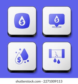Ajuste la caída de aceite con un símbolo de dólar y el icono de la válvula de tubería de aceite rota. Botón cuadrado blanco. Vector