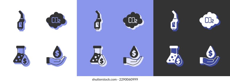 Set Oil drop with dollar symbol, Gasoline pump nozzle, petrol test tube and CO2 emissions cloud icon. Vector