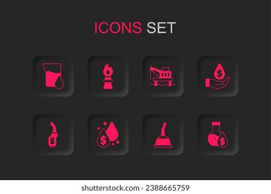 Set Oil drop with dollar symbol, rig fire, petrol test tube, Canister for motor machine oil, platform the sea and Gasoline pump nozzle icon. Vector