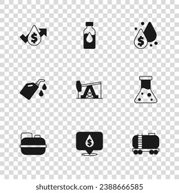 Set Oil drop with dollar symbol, petrol test tube, railway cistern, pump or pump jack, price increase,  and Canister for motor machine oil icon. Vector
