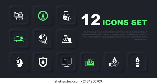 Set Oil drop with dollar symbol, rig fire, pipe valve, Tanker truck, on shield, Motor gas gauge and Word oil icon. Vector