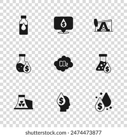 Set Oil drop with dollar symbol, petrol test tube, CO2 emissions in cloud, pump or pump jack,  and  icon. Vector