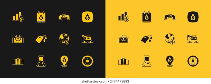 Set Oil drop with dollar symbol, petrol test tube, Canister for motor machine oil, pipe valve, Pie chart and and  icon. Vector