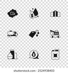 Set Oil drop with dollar symbol, platform in the sea, Canister gasoline, motor machine oil, tank storage, CO2 emissions cloud, and Tanker truck icon. Vetor