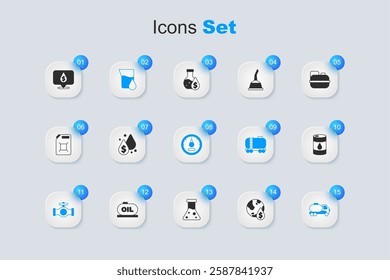 Set Oil drop with dollar symbol, petrol test tube, pipe valve, Tanker truck, Barrel oil,  and Motor gas gauge icon. Vector