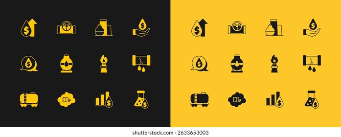Set Oil drop with dollar symbol, CO2 emissions in cloud, rig fire, Pie chart and, tank storage, price increase and pipe valve icon. Vector