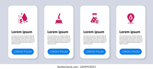 Set gota de óleo com símbolo de dólar, tubo de teste de gasolina, recipiente para óleo da máquina do motor e . Modelo de infográfico comercial. Vetor