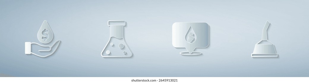 Set Oil drop with dollar symbol, petrol test tube,  and Canister for motor machine oil. Paper art style. Vector