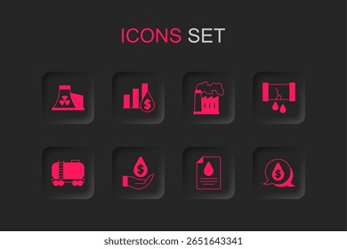 Set Oil drop with dollar symbol, Pie chart and, Nuclear power plant, Contract money pen, Broken oil pipe valve, gas industrial factory and railway cistern icon. Vector