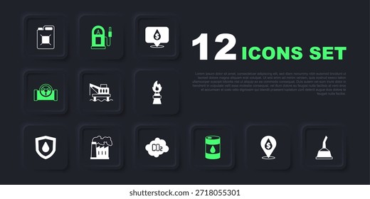 Gota de aceite con símbolo de dólar, bote para la plataforma de aceite de la máquina de motor, el mar, barril, válvula de tubería y fábrica industrial de gas, gasolinera e icono de nube de emisiones de CO2. Vector