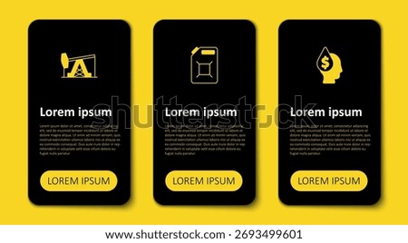 Set Oil drop with dollar symbol, Canister for gasoline and pump pump jack. Business infographic template. Vector