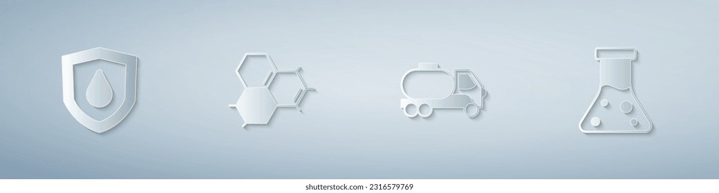 Ponga la gota de aceite en el escudo, el aceite de molécula, el camión cisterna y el tubo de ensayo de la gasolina. Estilo de arte de papel. Vector