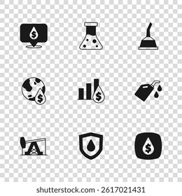 Set Oil drop on shield, Canister for motor machine oil, with dollar symbol, Pie chart and, petrol test tube and  icon. Vector