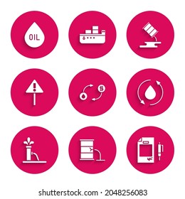 Set Oil exchange, Barrel oil leak, Contract money and pen, drop, pump or pump jack, Exclamation mark in triangle,  and  icon. Vector