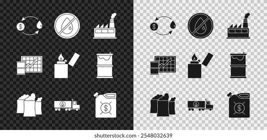 Set Oil exchange, No oil drop, industrial factory building, Tanker truck, Canister for motor machine, price increase and Lighter icon. Vector