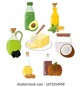 Set of Oil, Fat, Butter Icon. Food label, logo for Web and Banners. Cartoon Vector Illustration.